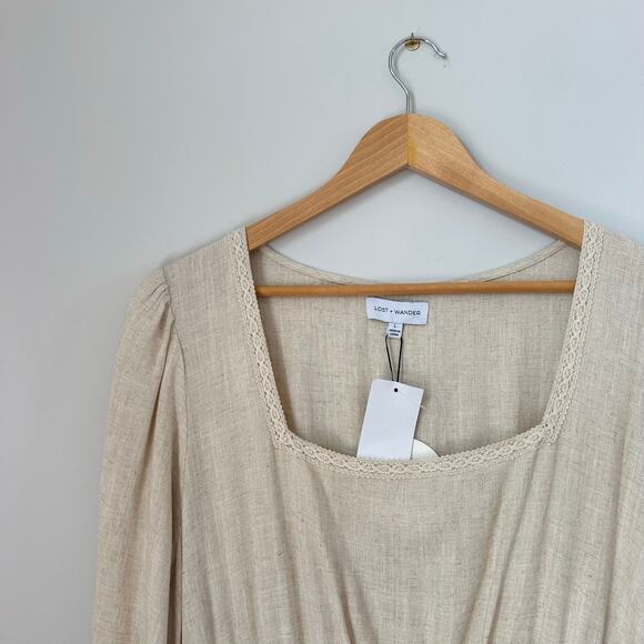 LOST + WANDER Easy Breezy Square Neck Long Sleeve Midi Dress in Oatmeal NWT - Picture 5 of 9